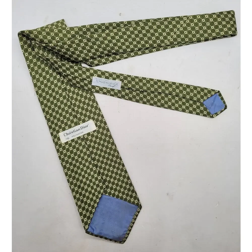 Vintage Christian Dior Men's Green Geometric Medallion Jacquard Tie preppy Retro